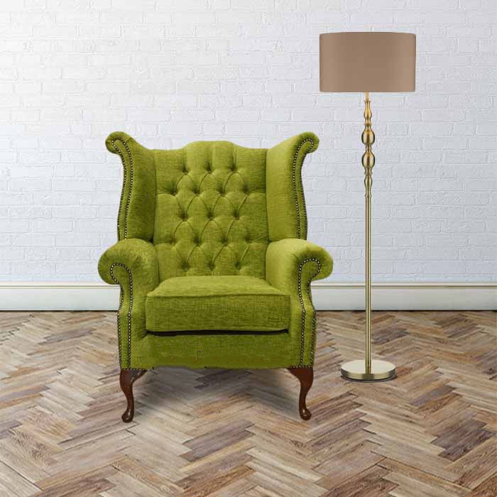 Product photograph of Chesterfield High Back Wing Chair Citrus Green Fabric In Queen Anne Style from Chesterfield Sofas