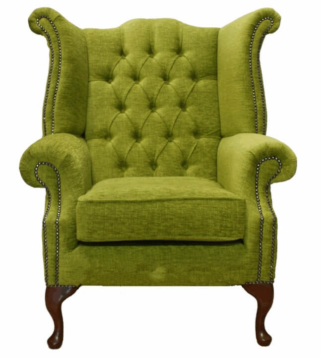 Product photograph of Chesterfield High Back Wing Chair Citrus Green Fabric In Queen Anne Style from Chesterfield Sofas.