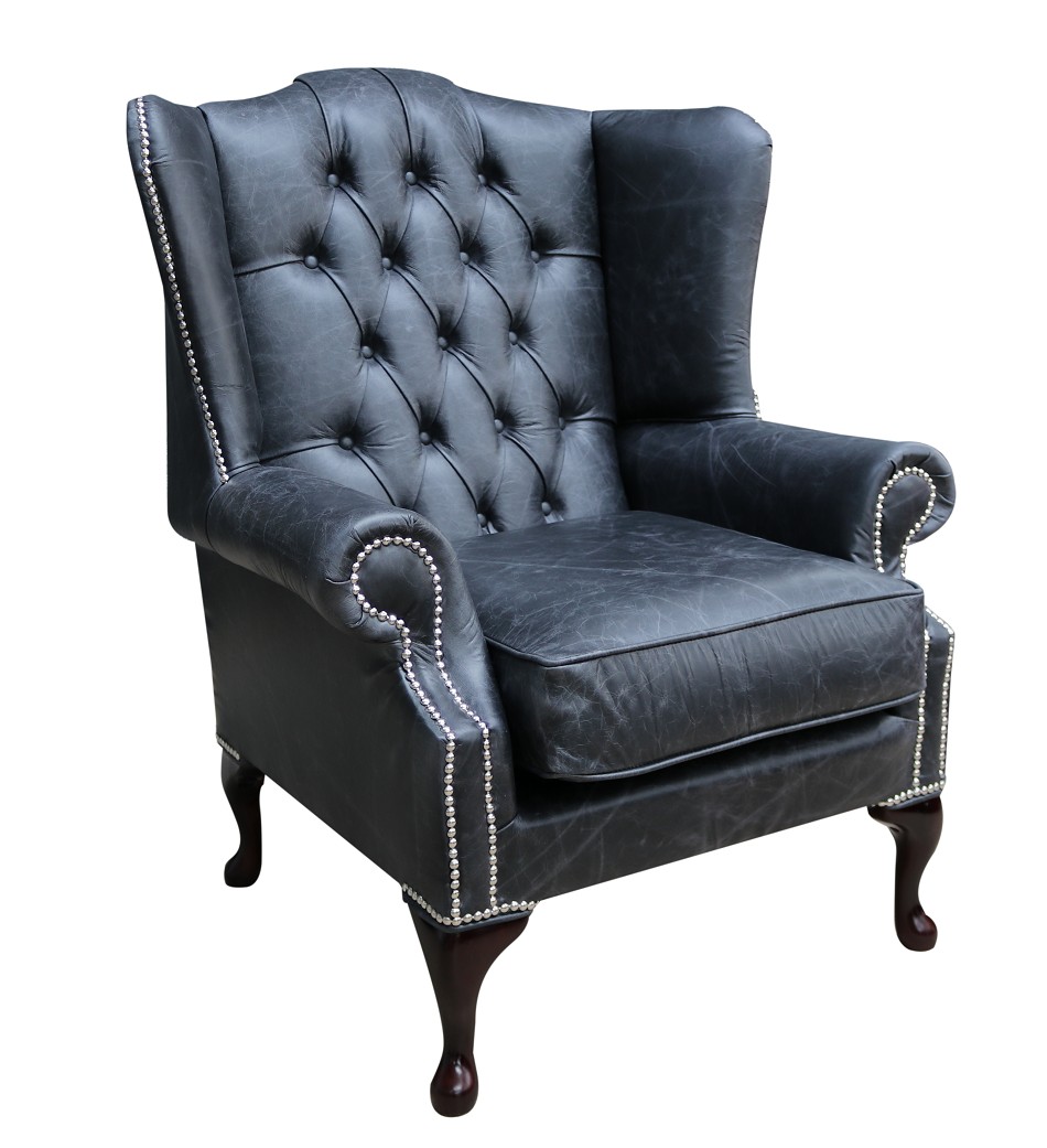 Product photograph of Chesterfield High Back Wing Chair Cracked Wax Black Real Leather In Mallory Style from Chesterfield Sofas