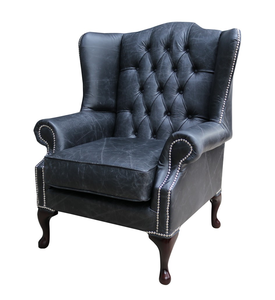 Product photograph of Chesterfield High Back Wing Chair Cracked Wax Black Real Leather In Mallory Style from Chesterfield Sofas.