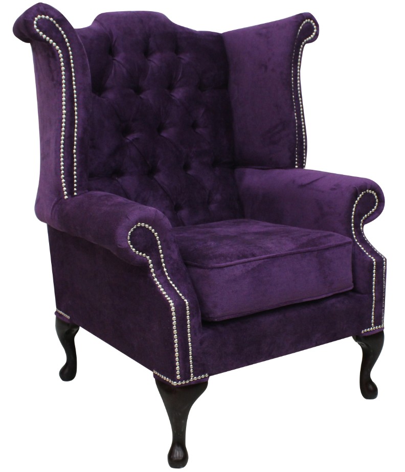 Product photograph of Chesterfield High Back Wing Chair Dakota Violet Purple Real Velvet In Queen Anne Style from Chesterfield Sofas