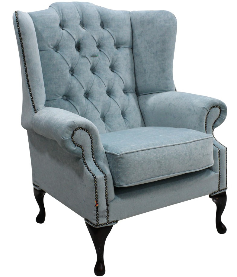 Product photograph of Chesterfield High Back Wing Chair Duck Egg Blue Fabric Bespoke In Mallory Style from Chesterfield Sofas