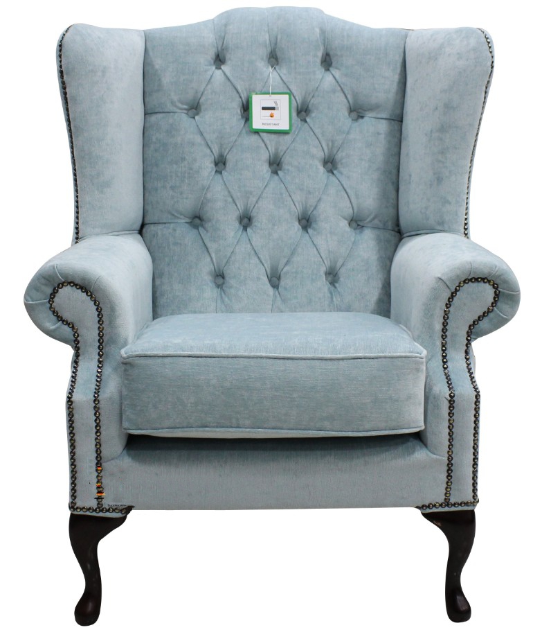 Product photograph of Chesterfield High Back Wing Chair Duck Egg Blue Fabric Bespoke In Mallory Style from Chesterfield Sofas.