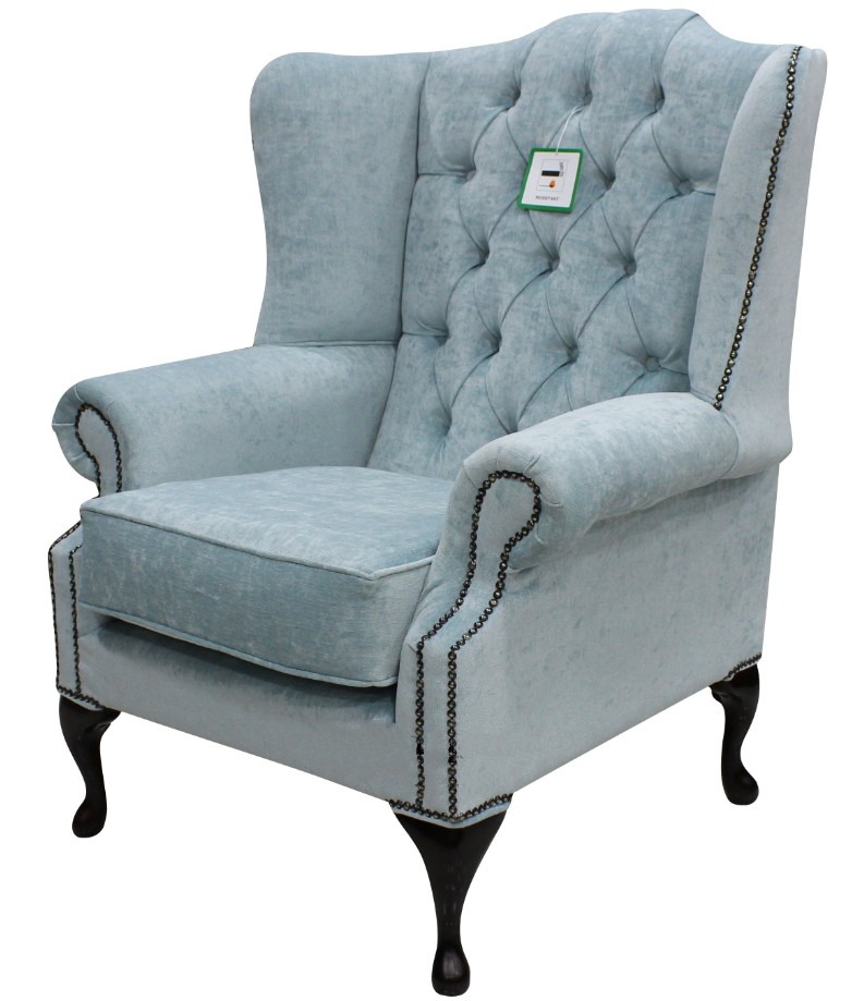 Product photograph of Chesterfield High Back Wing Chair Duck Egg Blue Fabric Bespoke In Mallory Style from Chesterfield Sofas.