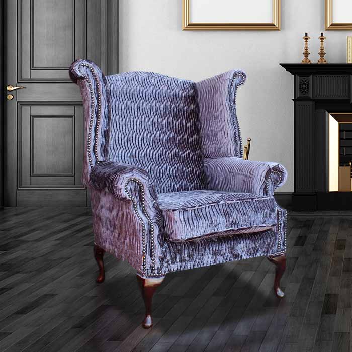 Product photograph of Chesterfield High Back Wing Chair Fantasia Violet Velvet In Queen Anne Style from Chesterfield Sofas