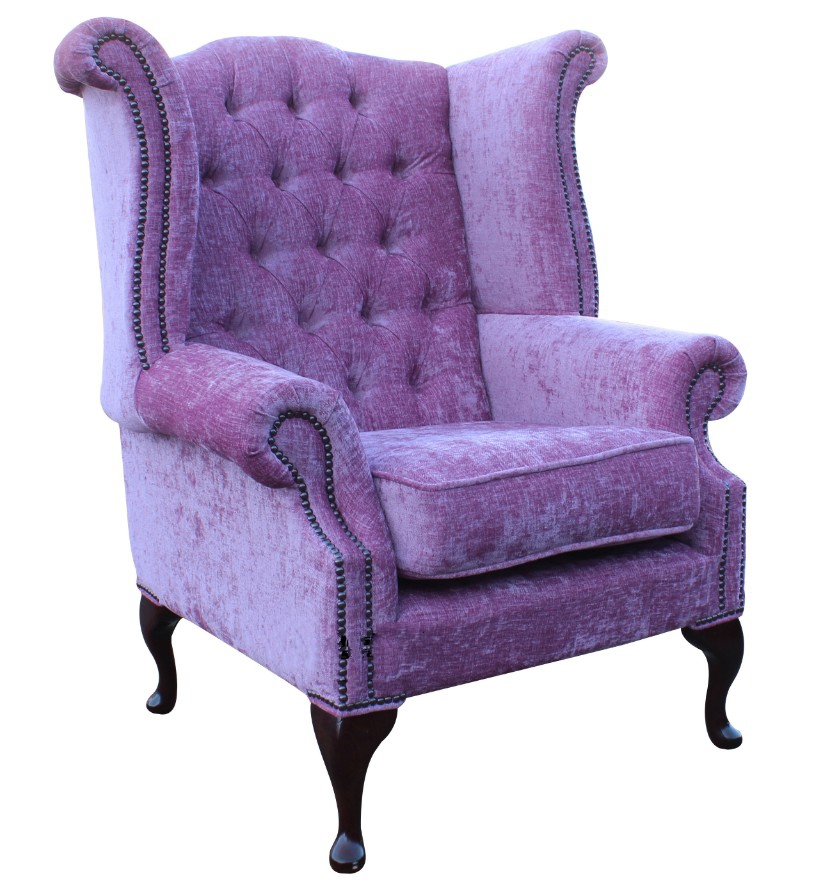 Product photograph of Chesterfield High Back Wing Chair Flamenco Crush Carnation Fabric In Queen Anne Style from Chesterfield Sofas.
