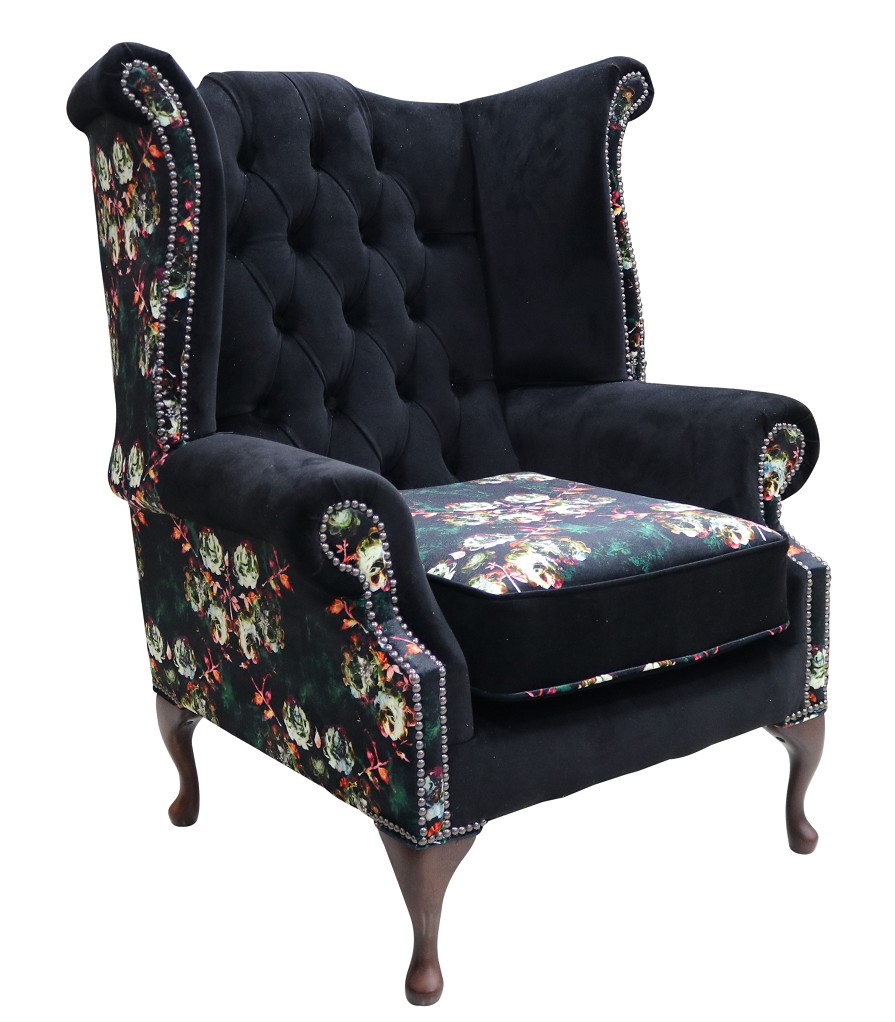 Product photograph of Chesterfield High Back Wing Chair Floral Black Velvet Bespoke In Queen Anne Style from Chesterfield Sofas