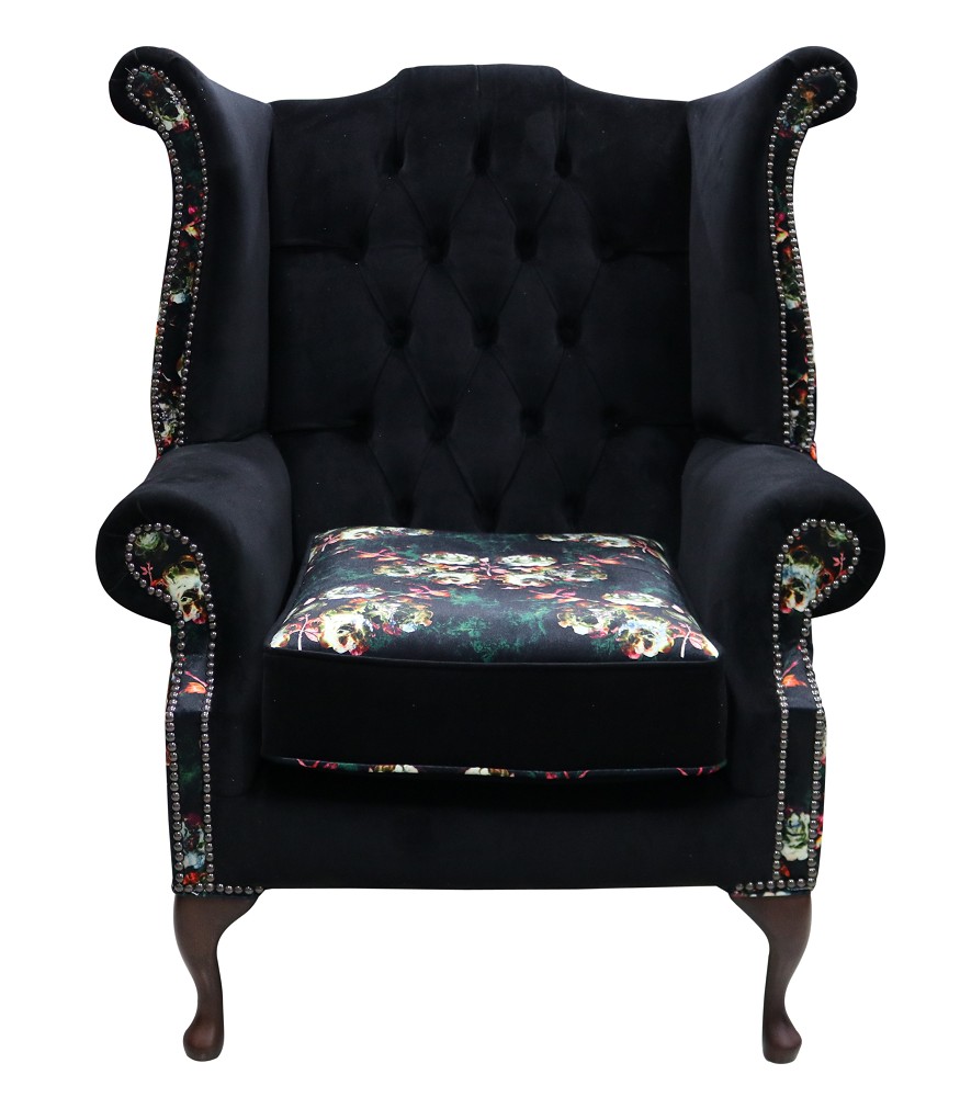 Product photograph of Chesterfield High Back Wing Chair Floral Black Velvet Bespoke In Queen Anne Style from Chesterfield Sofas.