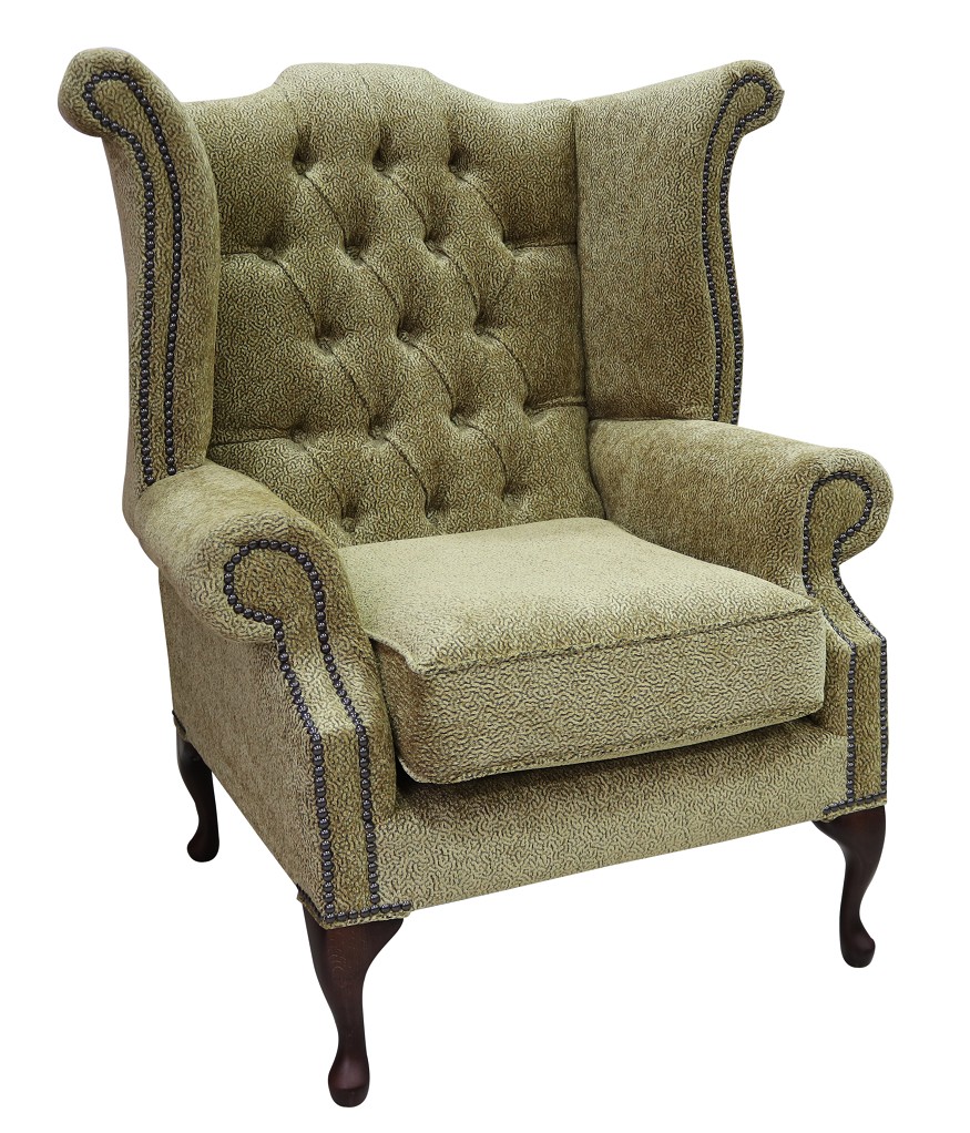 Product photograph of Chesterfield High Back Wing Chair Fontana Jacquard Gold Fabric In Queen Anne Style from Chesterfield Sofas