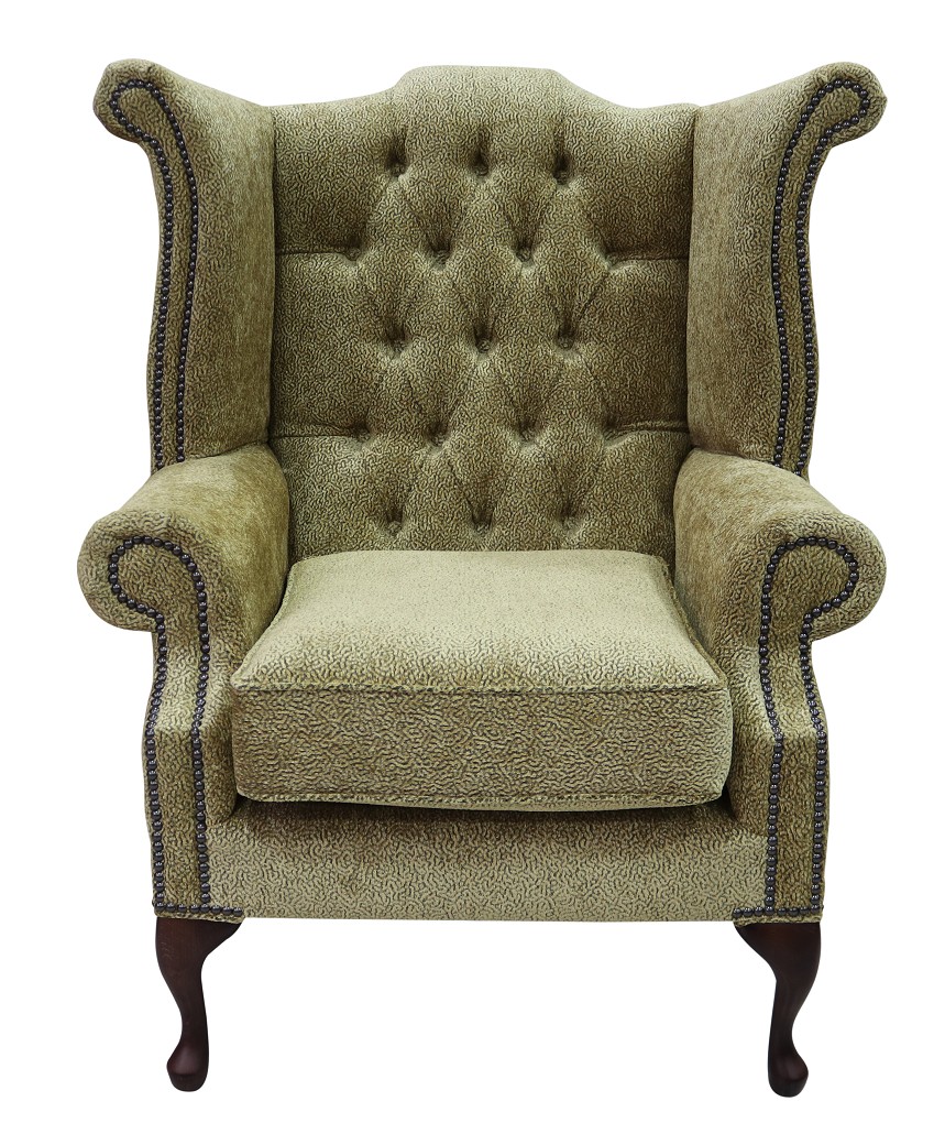 Product photograph of Chesterfield High Back Wing Chair Fontana Jacquard Gold Fabric In Queen Anne Style from Chesterfield Sofas.