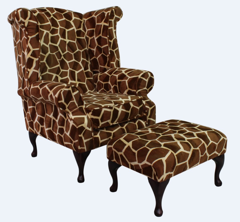 Product photograph of Chesterfield High Back Wing Chair Footstool Animal Print Big Giraffe Fabric In Queen Anne Style from Chesterfield Sofas