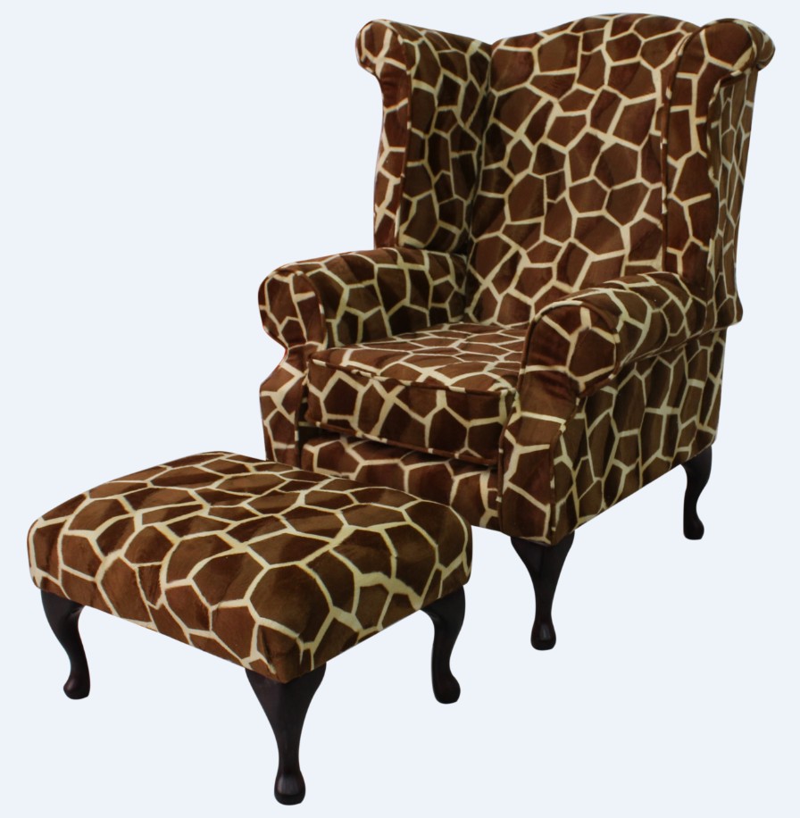 Product photograph of Chesterfield High Back Wing Chair Footstool Animal Print Big Giraffe Fabric In Queen Anne Style from Chesterfield Sofas.