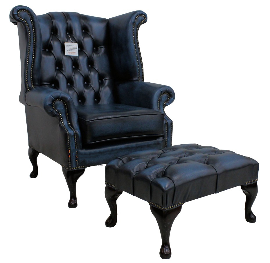 Product photograph of Chesterfield High Back Wing Chair Footstool Antique Blue Leather In Queen Anne Style from Chesterfield Sofas.
