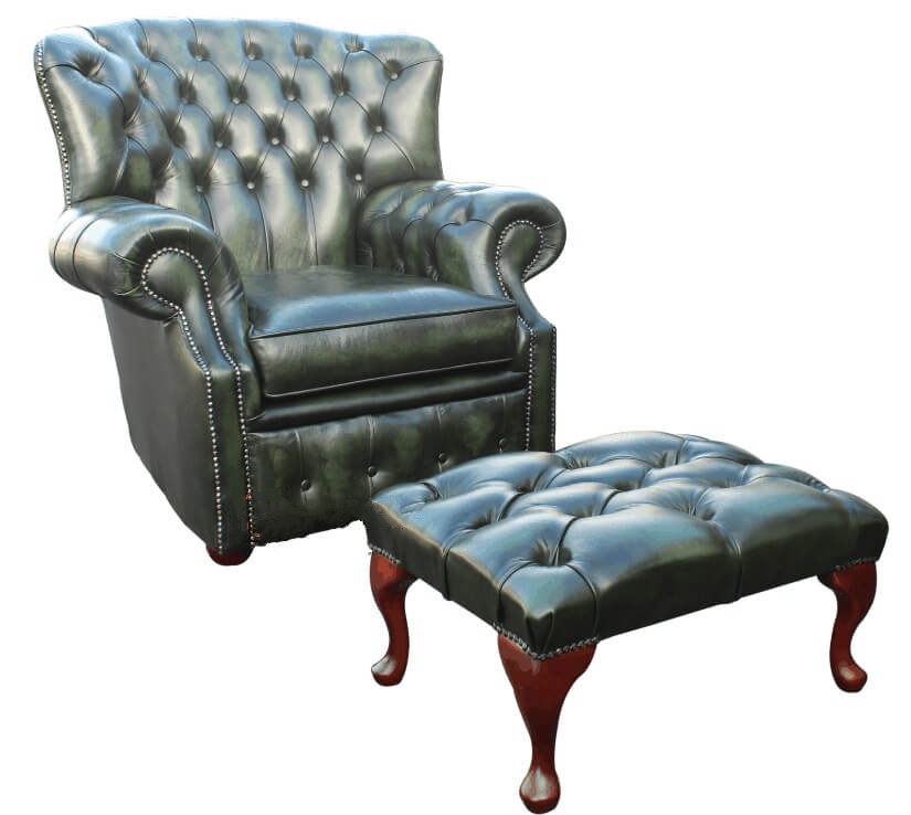 Product photograph of Chesterfield High Back Wing Chair Footstool Antique Green Leather Armchair In Monks Style from Chesterfield Sofas.