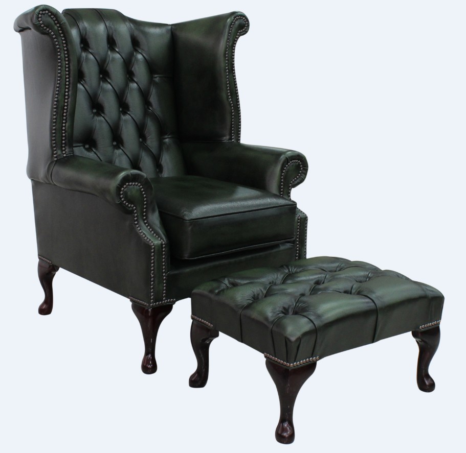 Product photograph of Chesterfield High Back Wing Chair Footstool Antique Green Leather In Queen Anne Style from Chesterfield Sofas
