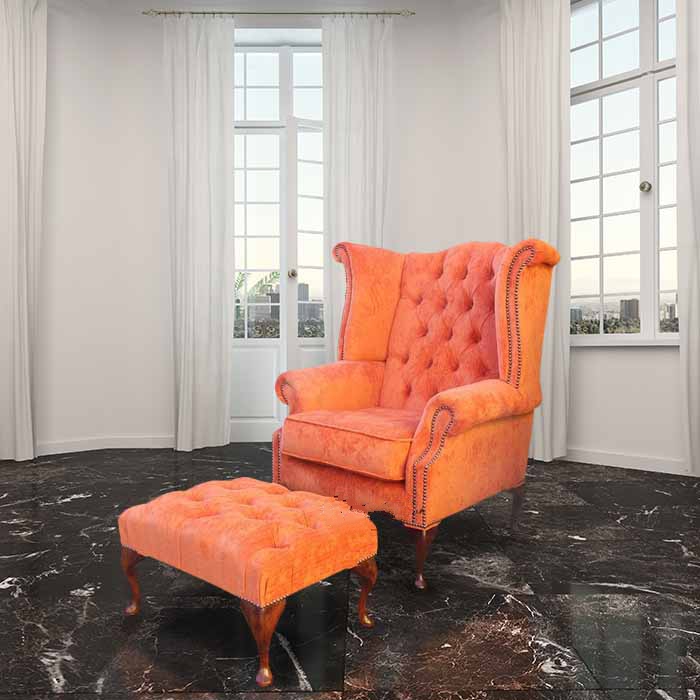 Product photograph of Chesterfield High Back Wing Chair Footstool Azzuro Tangerine Fabric In Queen Anne Style from Chesterfield Sofas.