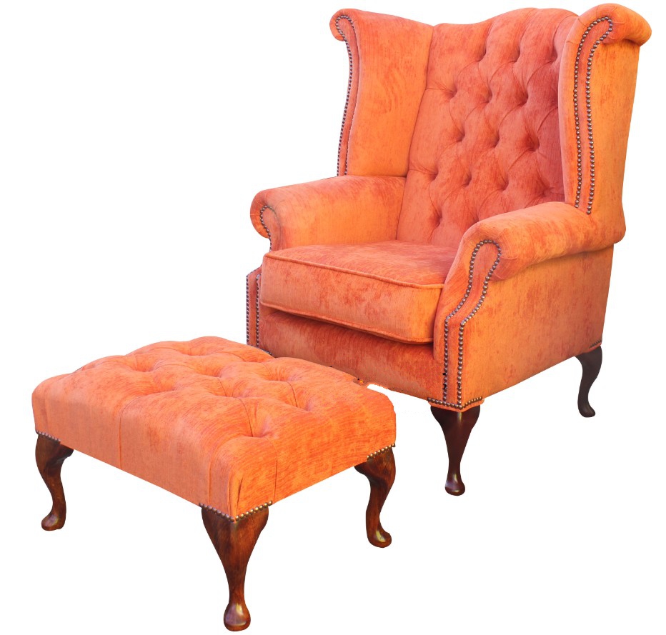 Product photograph of Chesterfield High Back Wing Chair Footstool Azzuro Tangerine Fabric In Queen Anne Style from Chesterfield Sofas