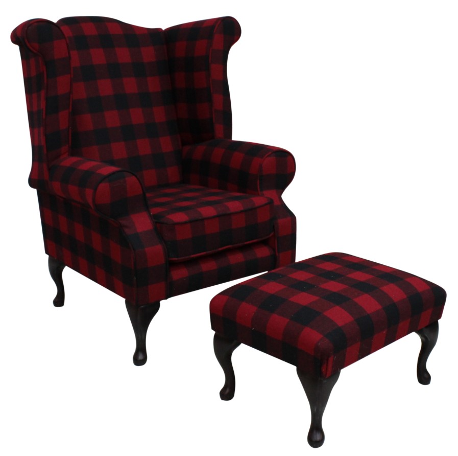 Product photograph of Chesterfield High Back Wing Chair Footstool Buffalo Red Wool In Queen Anne Style from Chesterfield Sofas