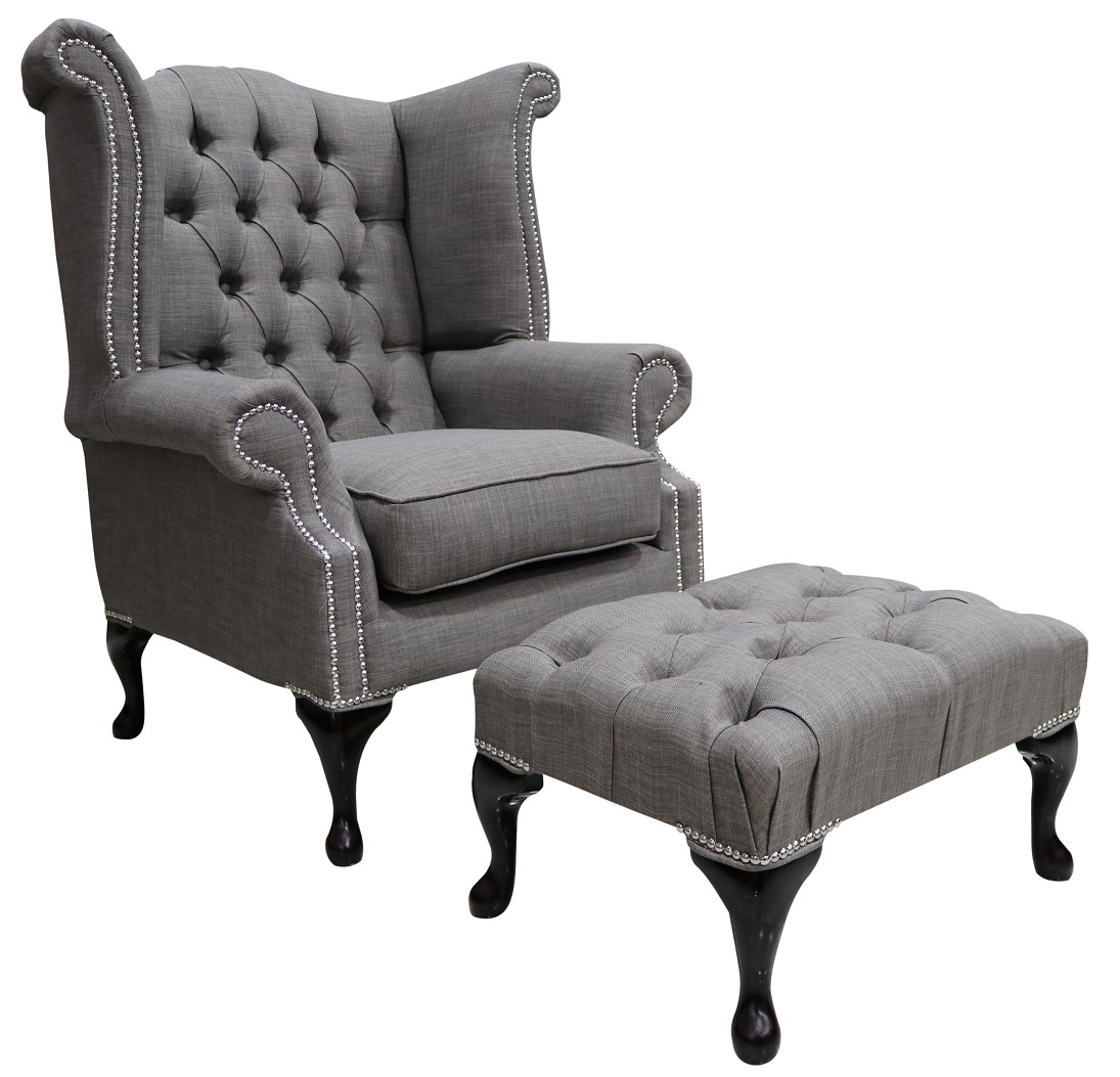 Product photograph of Chesterfield High Back Wing Chair Footstool Charles Slate Linen Fabric In Queen Anne Style from Chesterfield Sofas