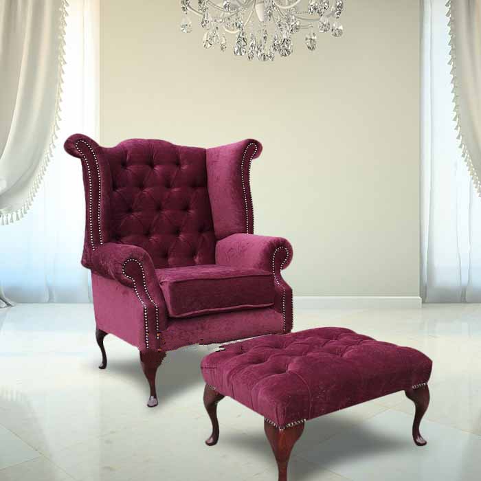 Product photograph of Chesterfield High Back Wing Chair Footstool Pimlico Damson Fabric In Queen Anne Style from Chesterfield Sofas