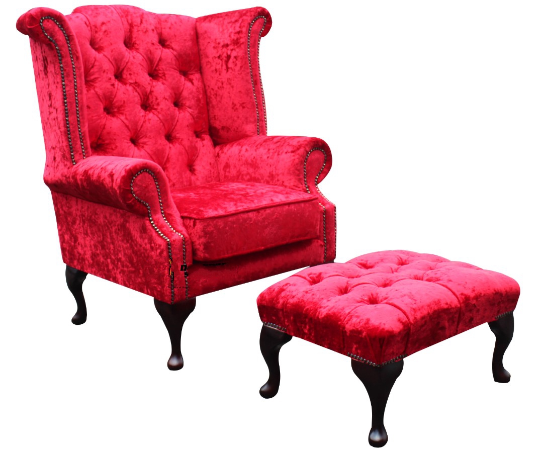 Product photograph of Chesterfield High Back Wing Chair Footstool Plush Red Velvet In Queen Anne Style from Chesterfield Sofas.