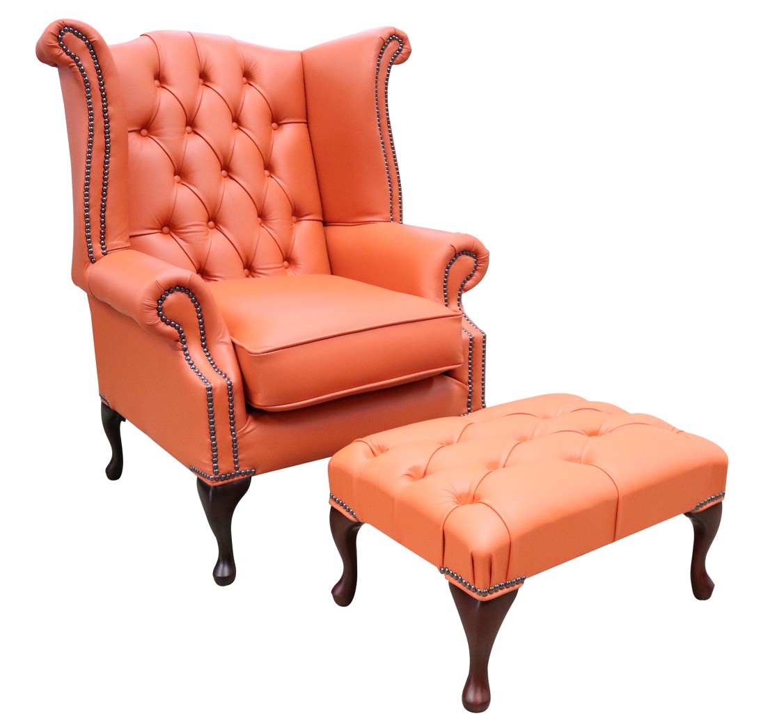 Product photograph of Chesterfield High Back Wing Chair Footstool Shelly Flamenco Orange Leather In Queen Anne Style from Chesterfield Sofas