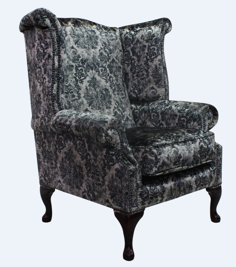 Product photograph of Chesterfield High Back Wing Chair Georgette Silver Velvet Bespoke In Queen Anne Style from Chesterfield Sofas.