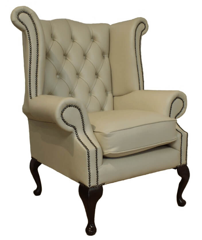 Product photograph of Chesterfield High Back Wing Chair Ivory Leather Bespoke In Queen Anne Style from Chesterfield Sofas.