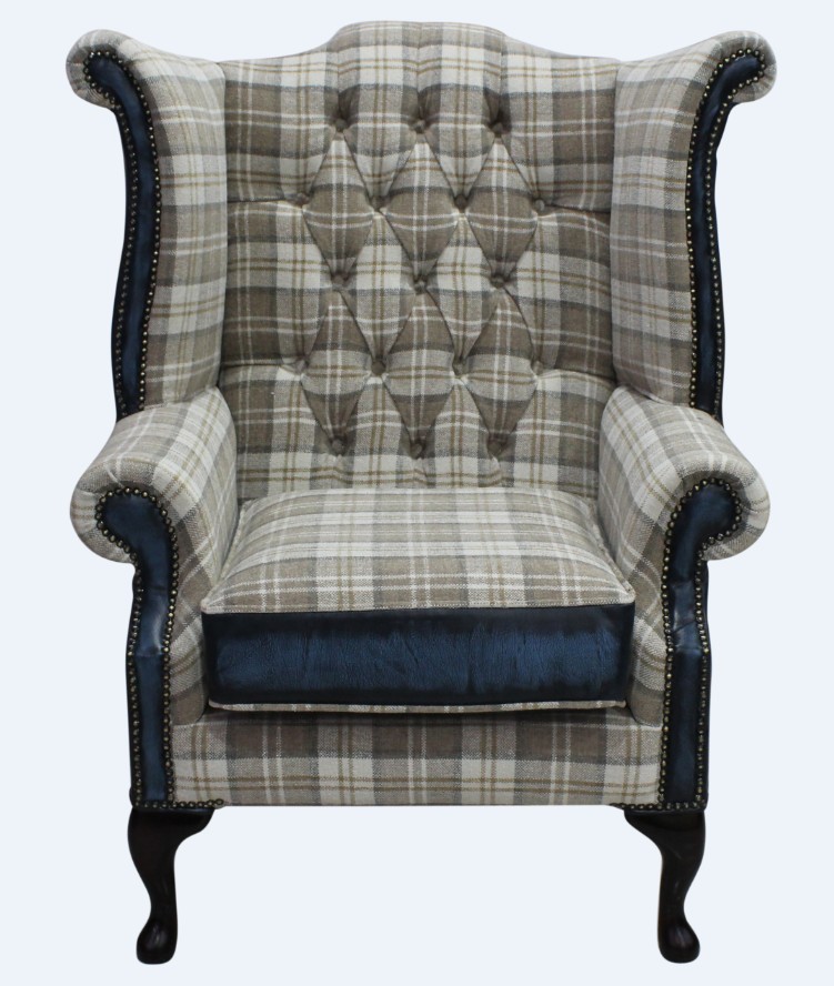 Product photograph of Chesterfield High Back Wing Chair Lana Beige Fabric Antique Blue Leather In Queen Anne Style from Chesterfield Sofas.