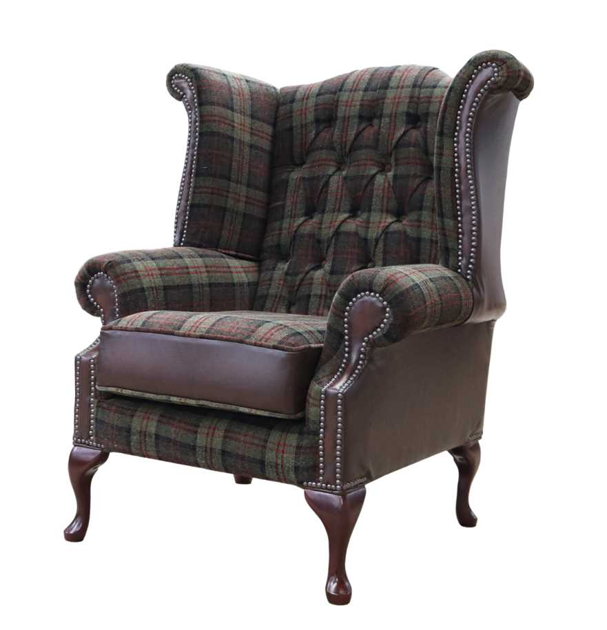 Product photograph of Chesterfield High Back Wing Chair Lana Moss Antique Brown Leather In Queen Anne Style from Chesterfield Sofas.
