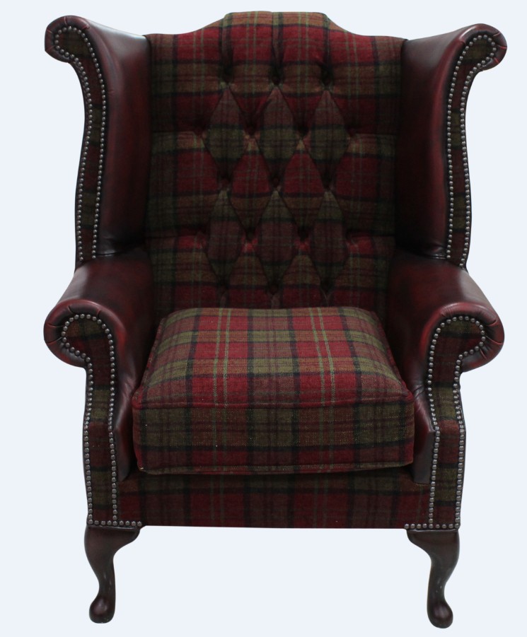 Product photograph of Chesterfield High Back Wing Chair Lana Terracotta Fabric Antique Oxblood Real Leather In Queen Anne Style from Chesterfield Sofas