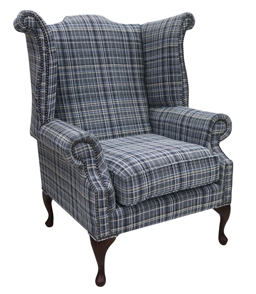Product photograph of Chesterfield High Back Wing Chair Lomond Blue Fabric In Queen Anne Style from Chesterfield Sofas