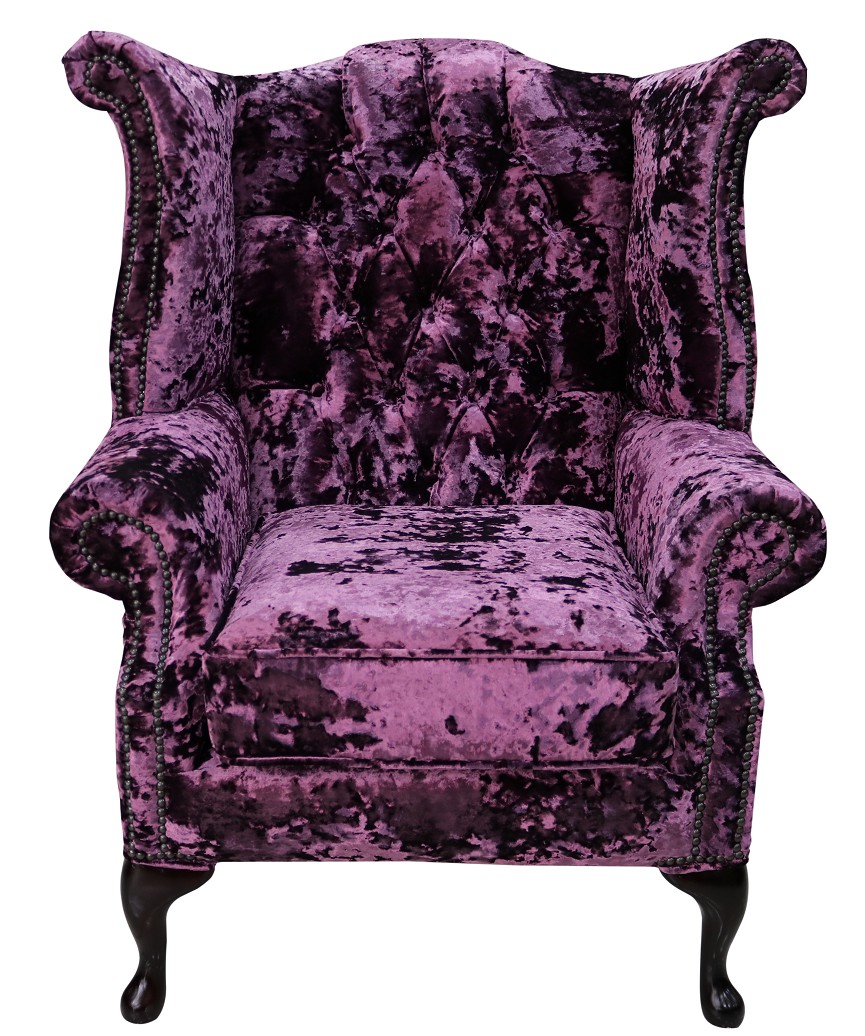 Product photograph of Chesterfield High Back Wing Chair Lustro Amethyst Purple Velvet Fabric In Queen Anne Style from Chesterfield Sofas