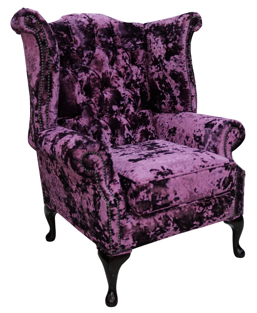 Product photograph of Chesterfield High Back Wing Chair Lustro Amethyst Purple Velvet Fabric In Queen Anne Style from Chesterfield Sofas.