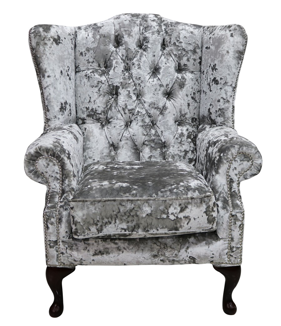 Product photograph of Chesterfield High Back Wing Chair Lustro Argent Velvet Fabric Bespoke In Mallory Style from Chesterfield Sofas