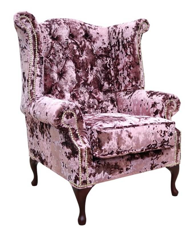 Product photograph of Chesterfield High Back Wing Chair Lustro Blush Velvet In Queen Anne Style from Chesterfield Sofas