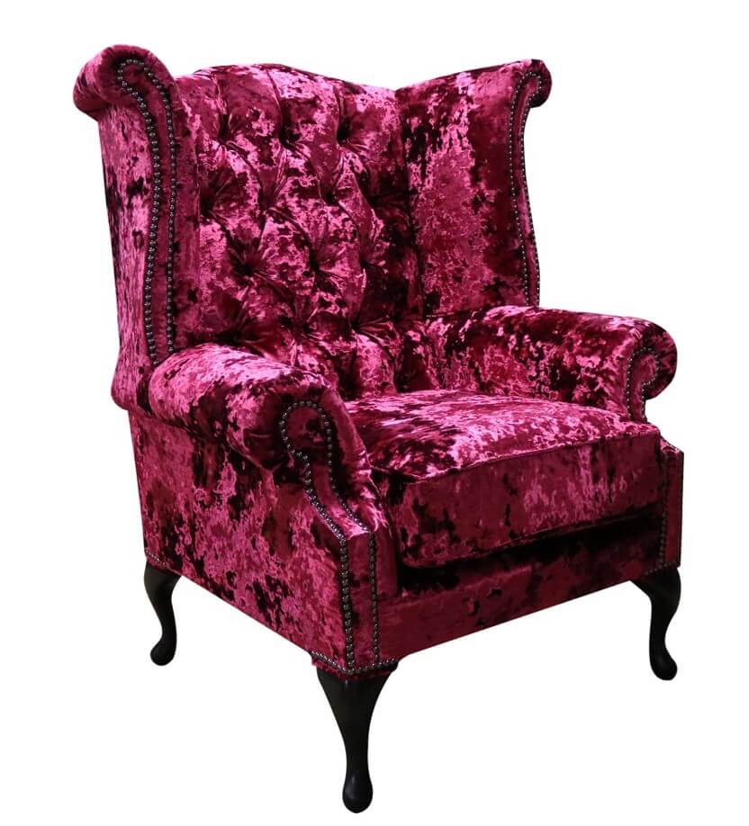 Product photograph of Chesterfield High Back Wing Chair Lustro Carmine Velvet In Queen Anne Style from Chesterfield Sofas
