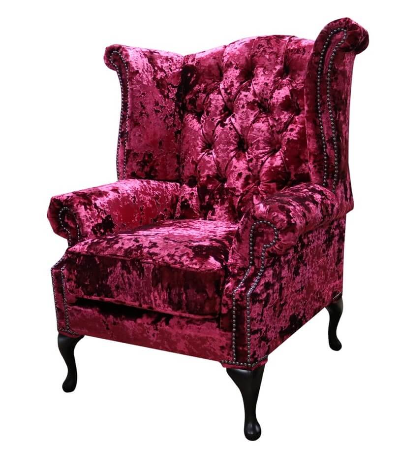 Product photograph of Chesterfield High Back Wing Chair Lustro Carmine Velvet In Queen Anne Style from Chesterfield Sofas.