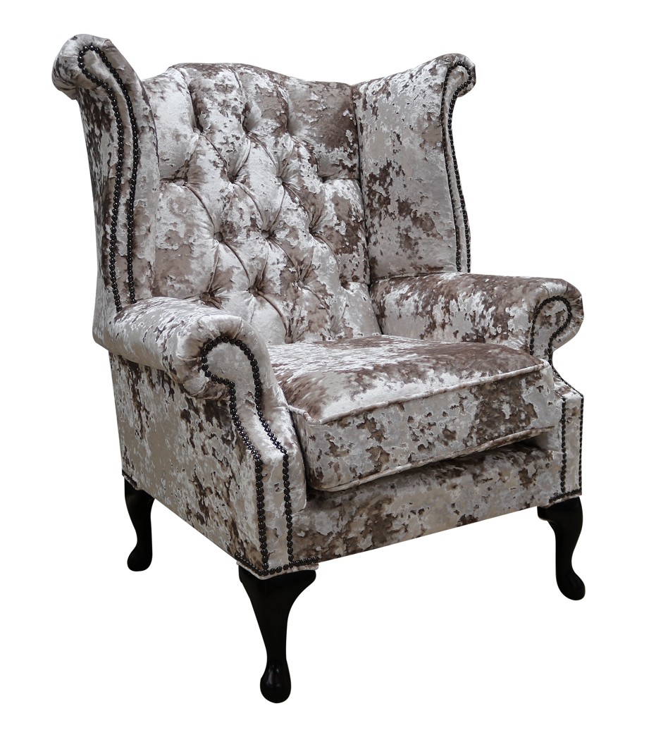 Product photograph of Chesterfield High Back Wing Chair Lustro Charm Velvet Fabric In Queen Anne Style from Chesterfield Sofas