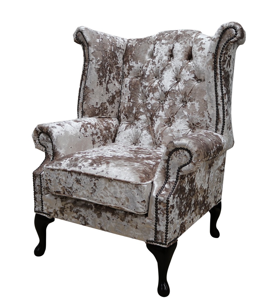 Product photograph of Chesterfield High Back Wing Chair Lustro Charm Velvet Fabric In Queen Anne Style from Chesterfield Sofas.