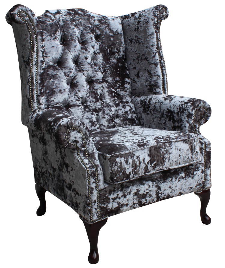 Product photograph of Chesterfield High Back Wing Chair Lustro Flint Velvet Fabric In Queen Anne Style from Chesterfield Sofas.