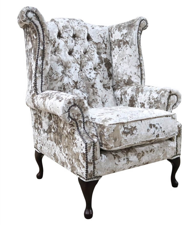 Product photograph of Chesterfield High Back Wing Chair Lustro Moonlight Velvet In Queen Anne Style from Chesterfield Sofas