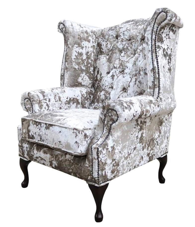 Product photograph of Chesterfield High Back Wing Chair Lustro Moonlight Velvet In Queen Anne Style from Chesterfield Sofas.