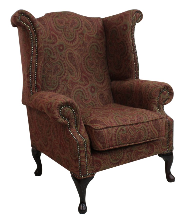 Product photograph of Chesterfield High Back Wing Chair Mac Claret Wool Bespoke In Queen Anne Style from Chesterfield Sofas.