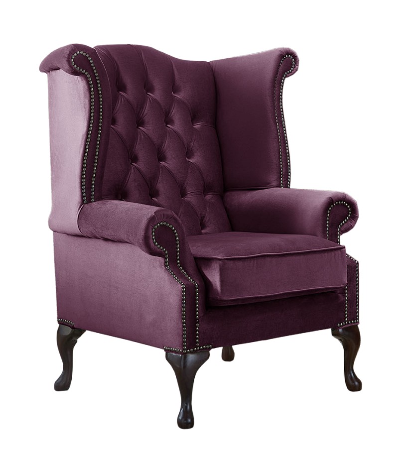 Product photograph of Chesterfield High Back Wing Chair Malta Boysenberry Purple Velvet Fabric In Queen Anne Style from Chesterfield Sofas