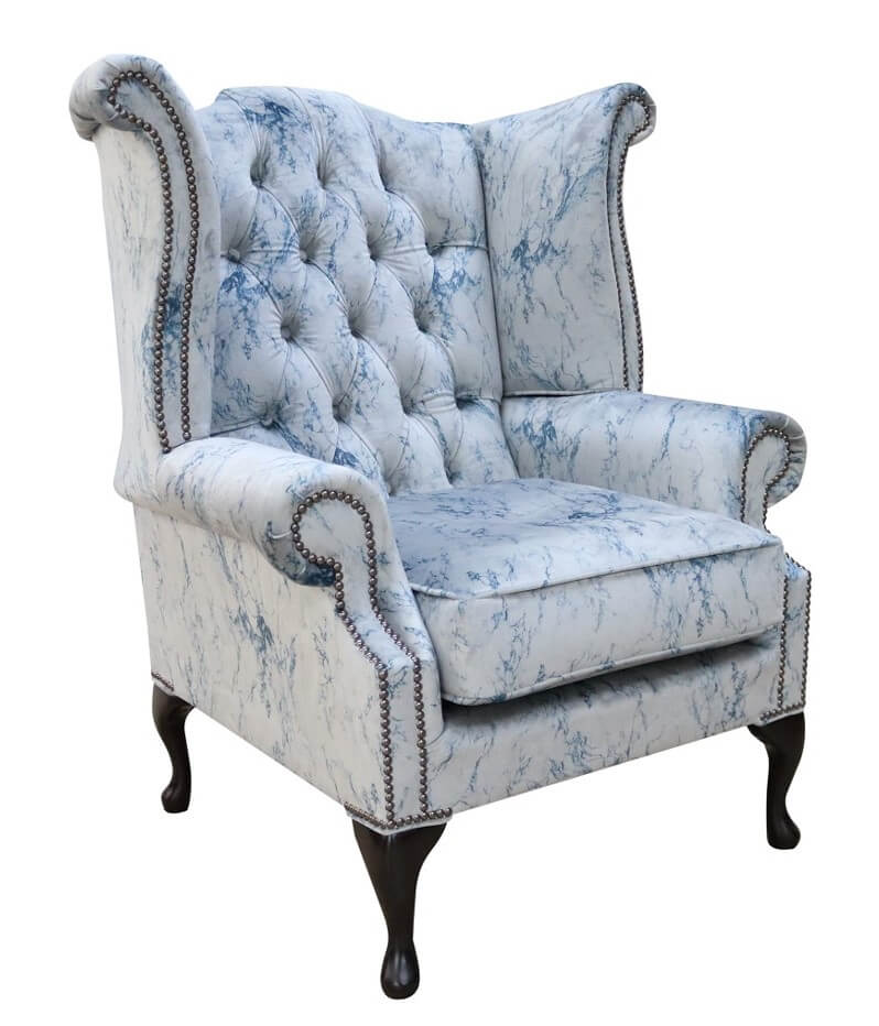 Product photograph of Chesterfield High Back Wing Chair Marble Effect Velvet Fabric In Queen Anne Style from Chesterfield Sofas
