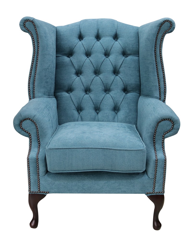 Product photograph of Chesterfield High Back Wing Chair Marinello Kingfisher Blue Fabric In Queen Anne Style from Chesterfield Sofas.