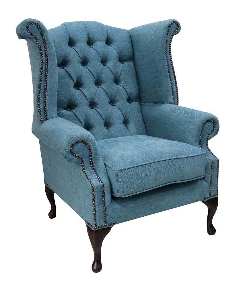 Product photograph of Chesterfield High Back Wing Chair Marinello Kingfisher Blue Fabric In Queen Anne Style from Chesterfield Sofas