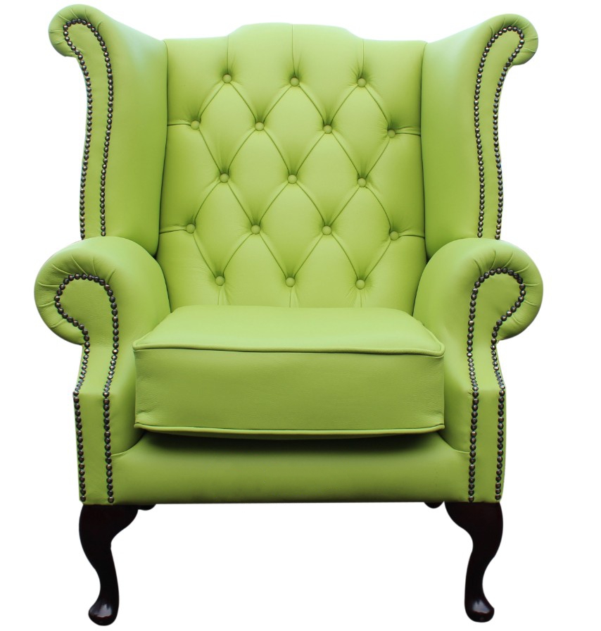 Product photograph of Chesterfield High Back Wing Chair Melon Green Leather In Queen Anne Style from Chesterfield Sofas.