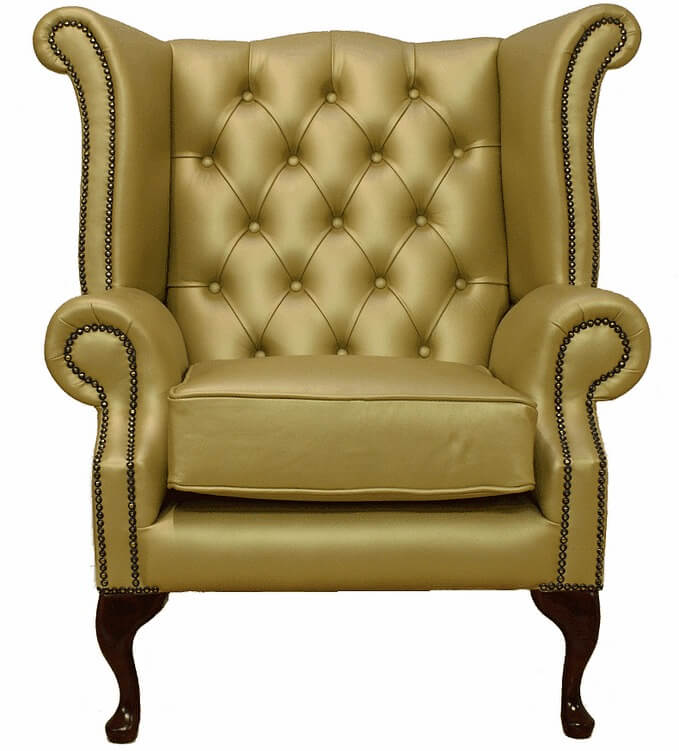 Product photograph of Chesterfield High Back Wing Chair Metallic Gold Leather In Queen Anne Style from Chesterfield Sofas.